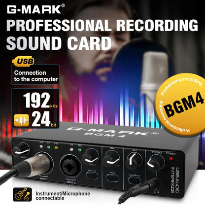 Black g-mark bgm4 professional audio interface sound card with usb, phantom power, and gainrange -10db to +40db for studio use
