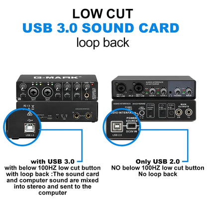 Black b-mark usb 3.0 sound card audio interface with multiple ports phantom power and gainrange -10db to +40db for studio use