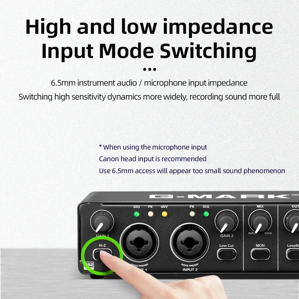 Black g-mark audio interface with multiple input jacks gainrange -10db-+40db and phantom power for live recording