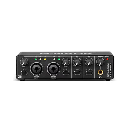 Black g-mark audio interface with phantom power gainrange -10db +40db multiple input output ports and control knobs