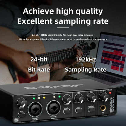 Black g-mark usb audio interface with multiple ports and control knobs featuring phantom power and gainrange -10db to +40db for live recording