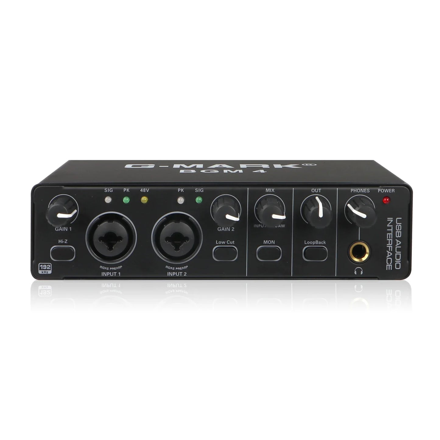 Black g-mark bgm 4 usb audio interface with two xlr inputs gainrange -10db +40db phantom power for live recording studio use