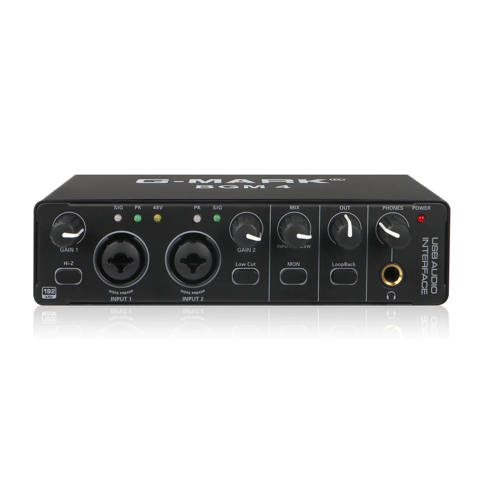 Black g-mark bgm 4 usb audio interface with two xlr inputs gainrange -10db +40db phantom power for live recording studio use