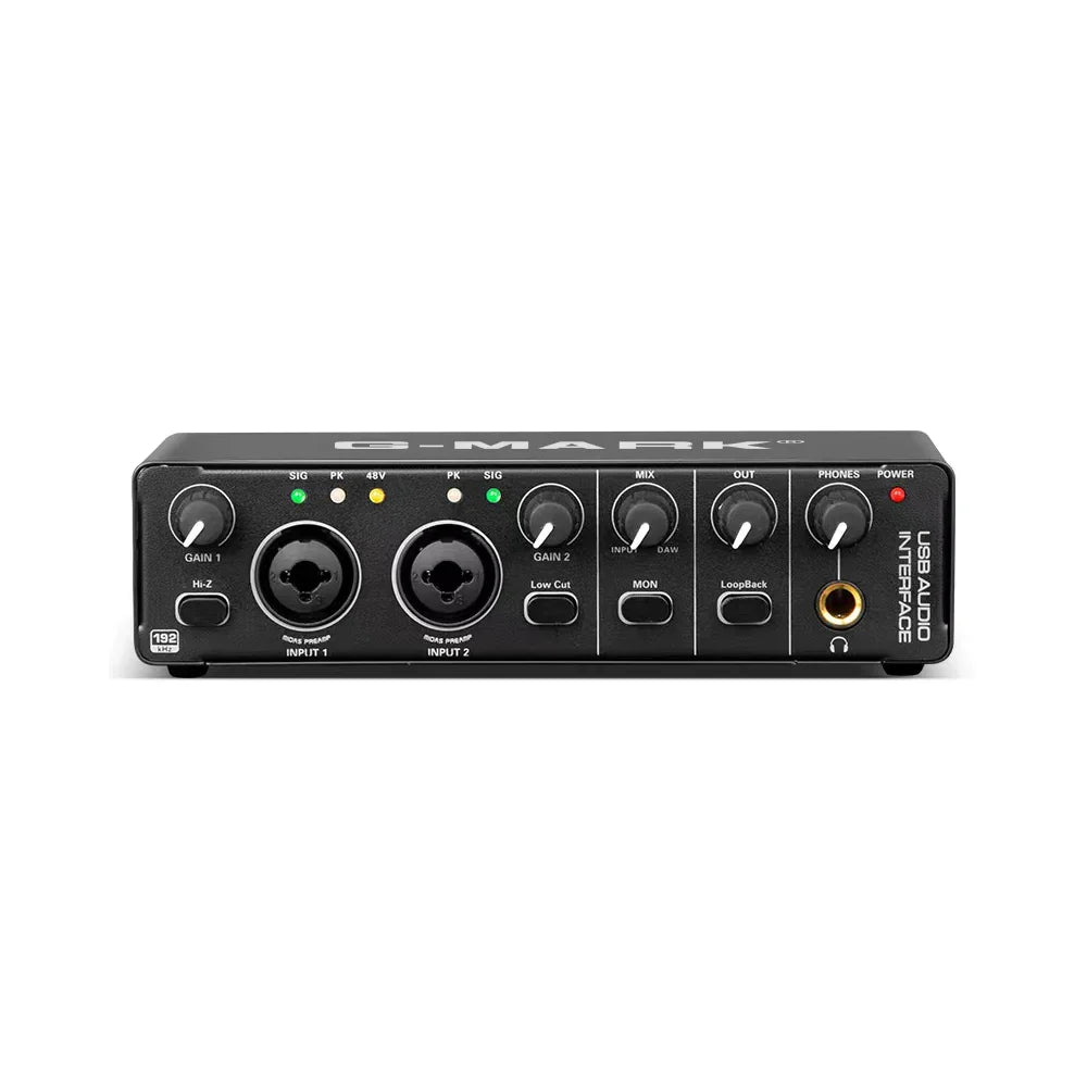 Black g-mark usb audio interface with phantom power gainrange -10db +40db multiple ports for live recording studio use