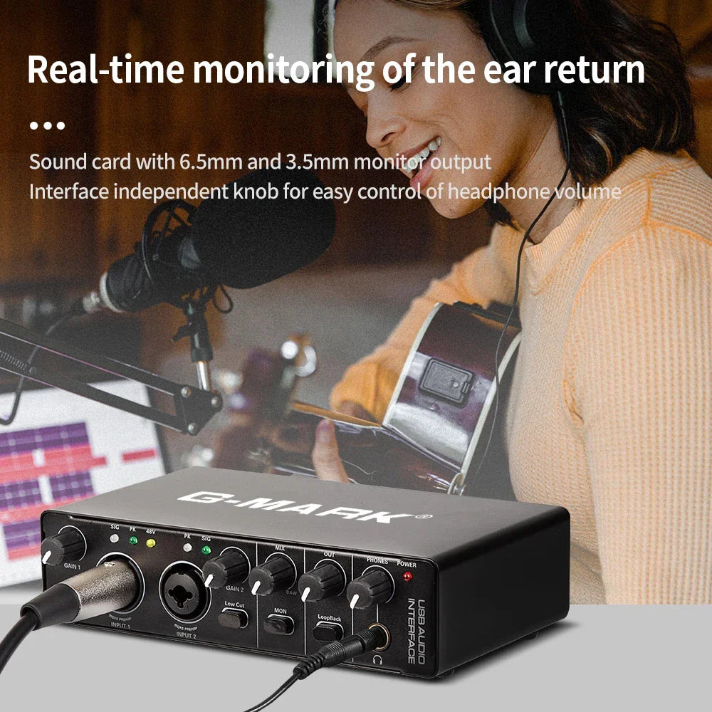 Black G-Mark USB audio interface with phantom power and gainrange -10db to +40db for live studio monitoring and recording