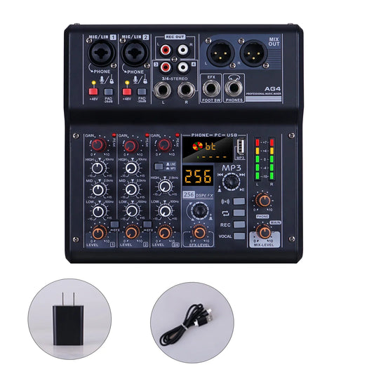 Black ag4 sound card mixer with multiple ports and digital display for live broadcast network and song recording arranging