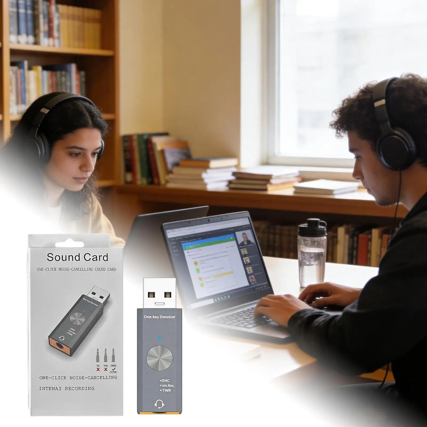 Gray USB sound card noise reduction adapter with circular dial for studio podcast game live streaming and voice recording