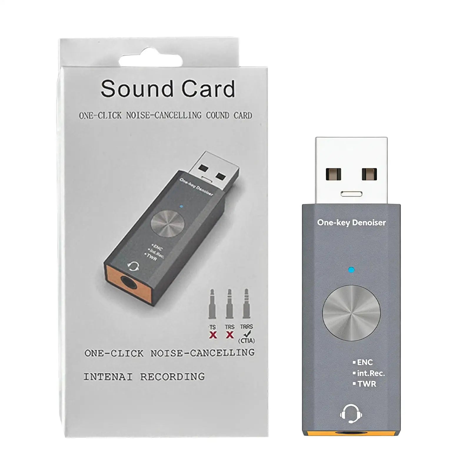Gray usb sound card noise reduction adapter with silver dial and orange accents for studio podcast game live streaming use