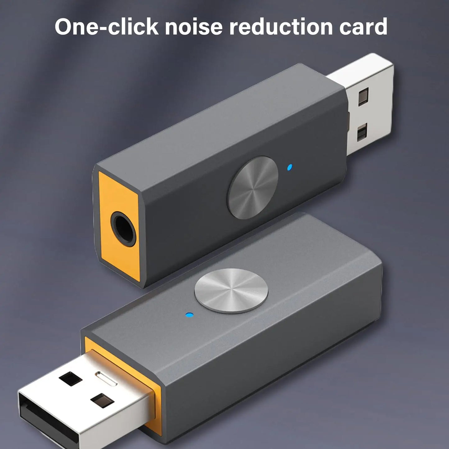 Gray and orange usb noise reduction converter card with circular metallic button for studio podcast game live streaming