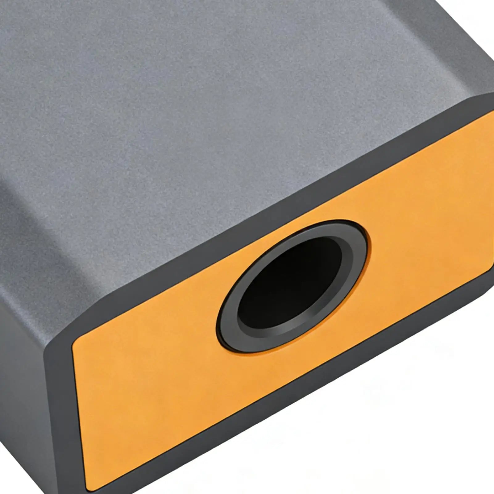 Gray and orange usb sound card with black circular port noise reduction converter for studio podcast game live use