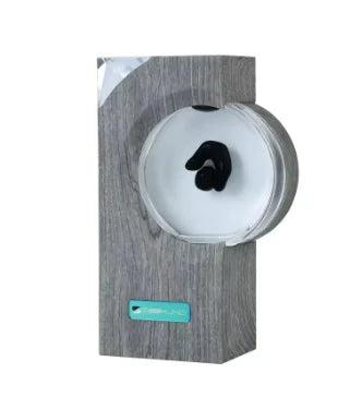 Gray wood-textured wall-mounted paper towel dispenser with clear circular front and black dog-shaped cutout for music sound touch use