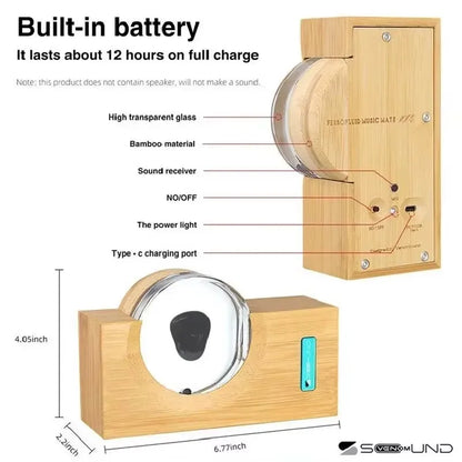 Bamboo music box with high transparent glass dome and type-c charging port featuring magnetic fluid and equipment motion sensor