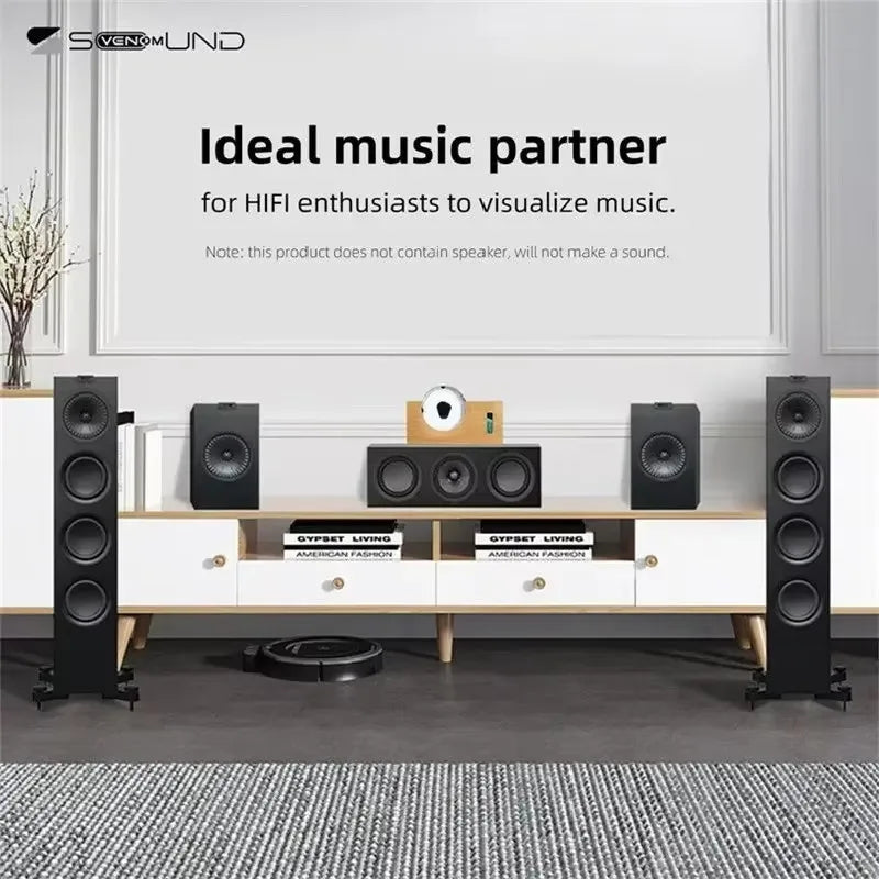 Black venomund speaker stand with multiple circular driver cutouts and adjustable feet for music sound touch use