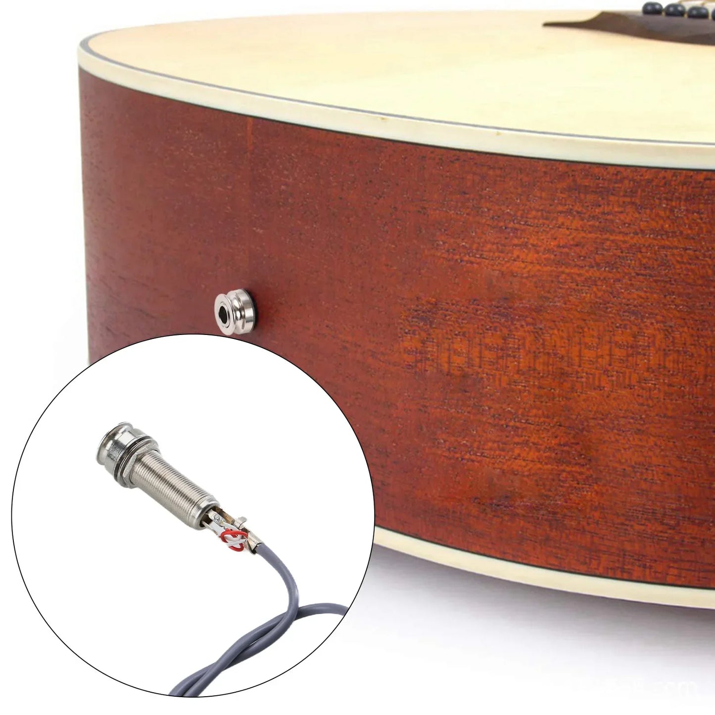 Silver-colored sound hunter acoustic guitar active piezo hole pickup noise with threaded metal body and gray cable attached