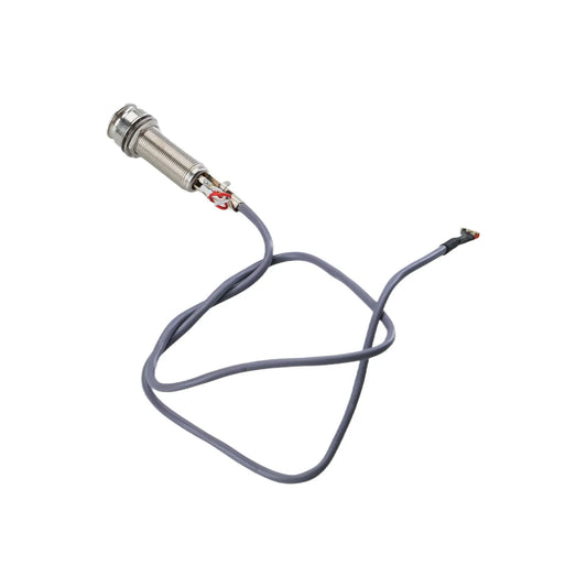 Silver metallic cylindrical sensor with threaded body and gray cable for sound hunter acoustic hole pickup noise active piezo use