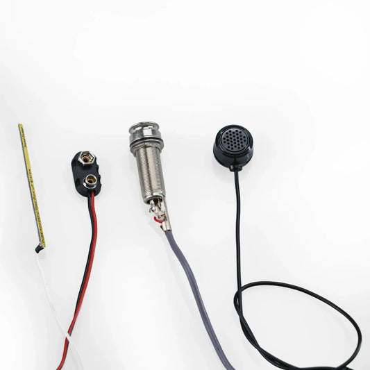 Silver-toned sound hunter acoustic guitar active piezo pickup with threaded metal body and pickup noise reduction cables