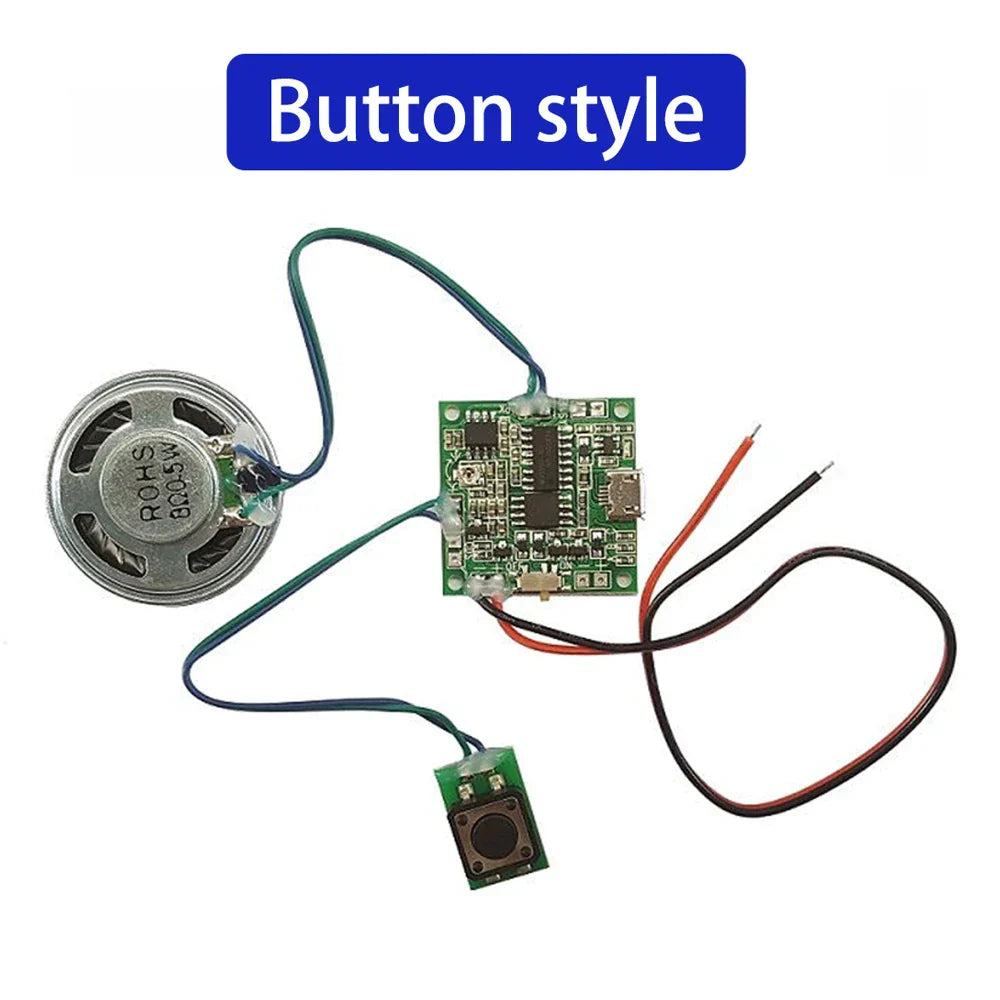 Button-style sound recorder module with silver loudspeaker driver, green circuit board, and loudspeaker button control for diy music box