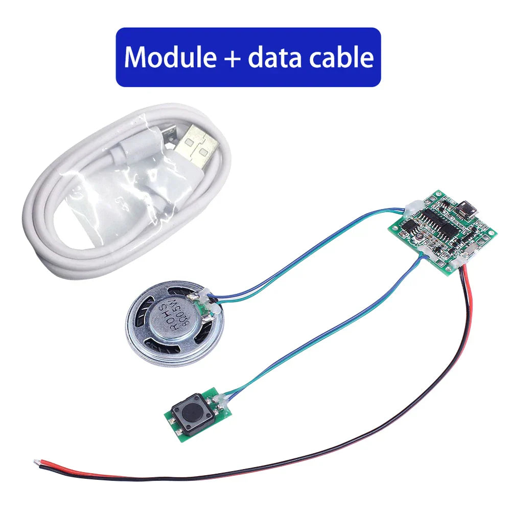 Green circuit board sound recorder module with loudspeaker button control and attached wires for diy music box projects