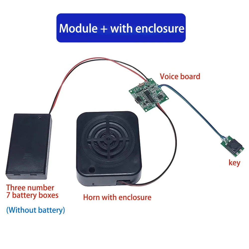 Black horn with circular grille and integrated wiring on the back of sound recorder module with loudspeaker button control for diy music box
