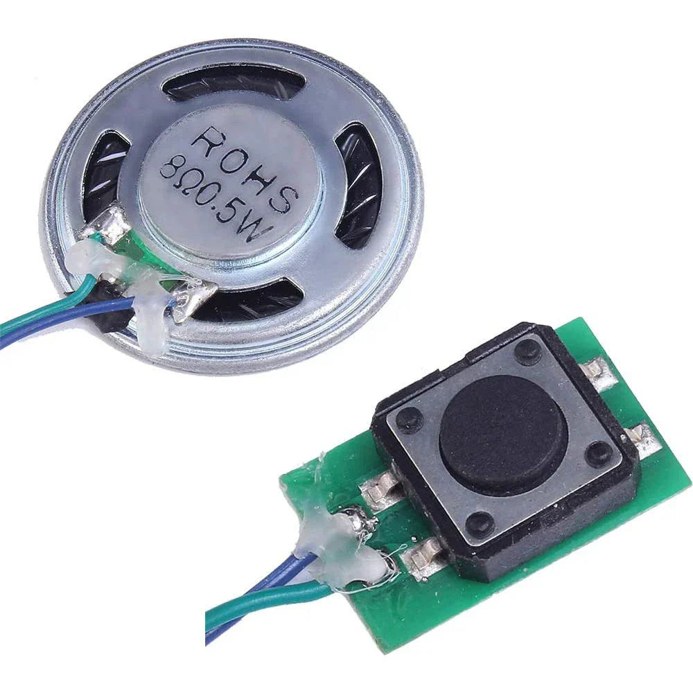 Silver sound recorder module with black grille loudspeaker button control and green circuit board for diy music box