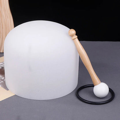 Frosted white glass crystal quartz singing bowl with wooden mallet and black rubber ring 8 inch 432hz manual measurement