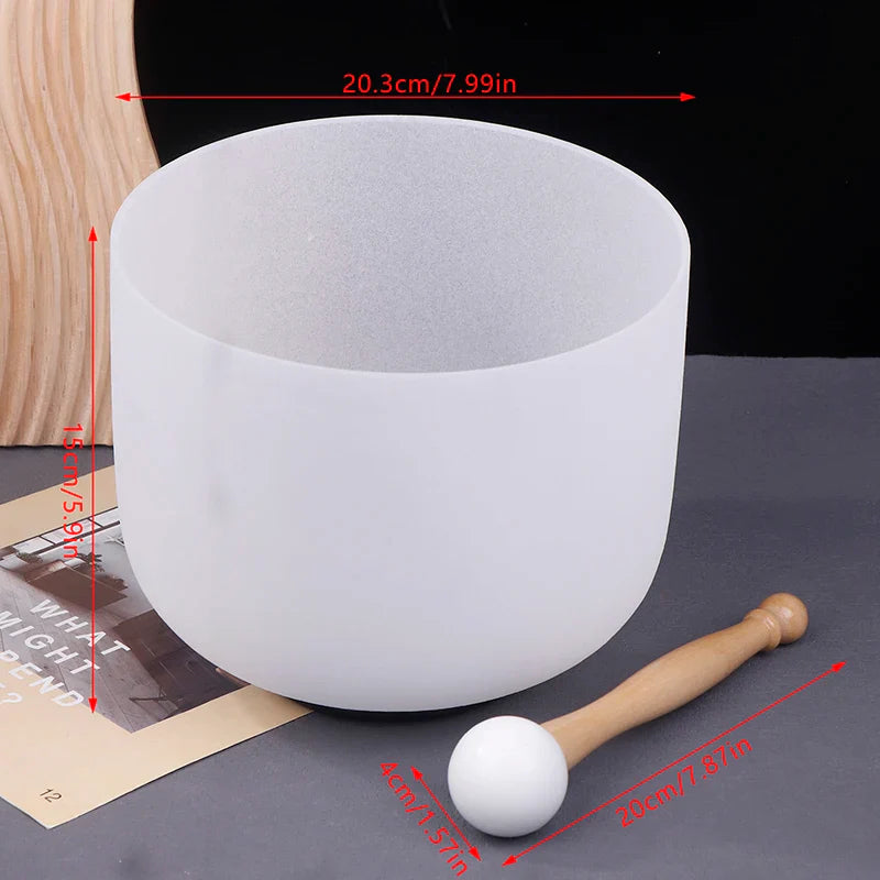 A frosted white glass 8 inch crystal quartz singing bowl 432hz with wooden mallet for sound therapy manual measurement