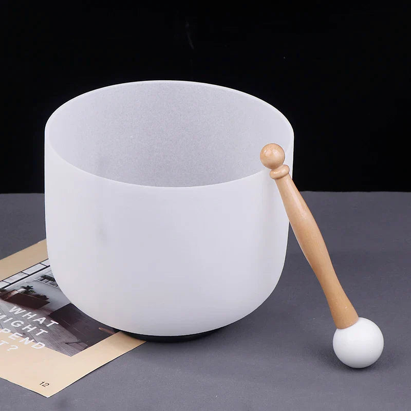 A frosted white quartz 8 inch 432hz crystal singing bowl with wooden mallet for sound therapy equipment manual measurement