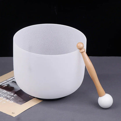 A frosted white quartz 8 inch 432hz crystal singing bowl with wooden mallet for sound therapy equipment manual measurement