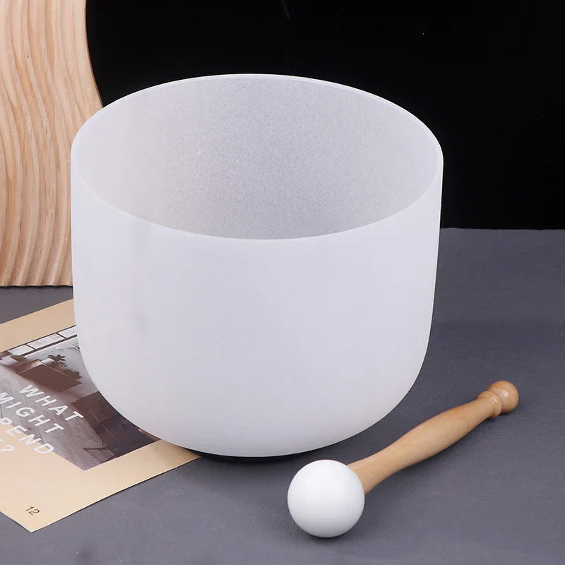 A frosted white quartz singing bowl with wooden-handled mallet manual measurement 8 inch crystal 432hz sound therapy equipment