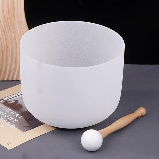 A frosted white quartz singing bowl with wooden-handled mallet manual measurement 8 inch crystal 432hz sound therapy equipment