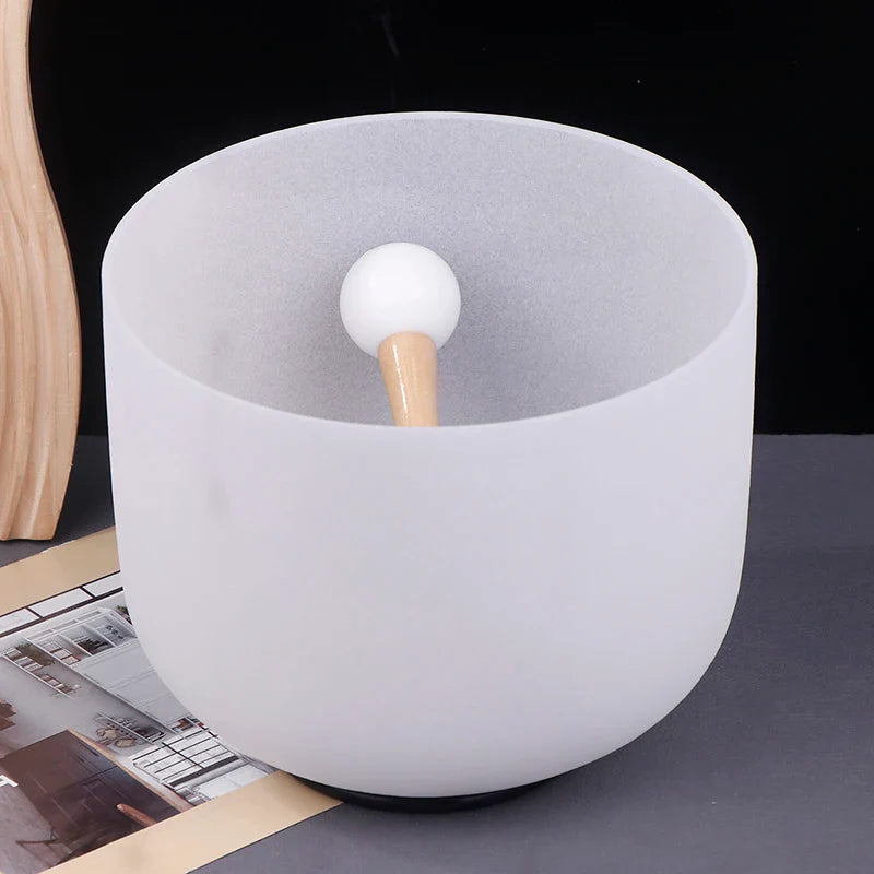 A frosted white quartz 8 inch crystal singing bowl with wooden mallet 432hz sound therapy equipment manual measurement