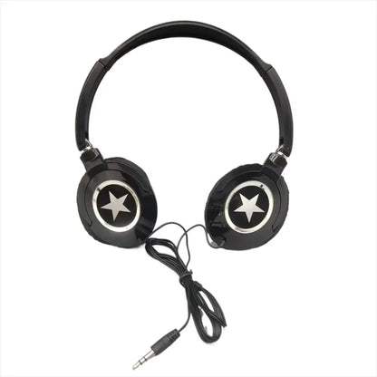 Black over ear headset bass headphones with silver star emblem and coiled cable flexible adjustable music stereo earphones