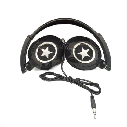 Black over-ear headphones with glossy finish white star logos coiled cable flexible adjustable headset bass music stereo earphones