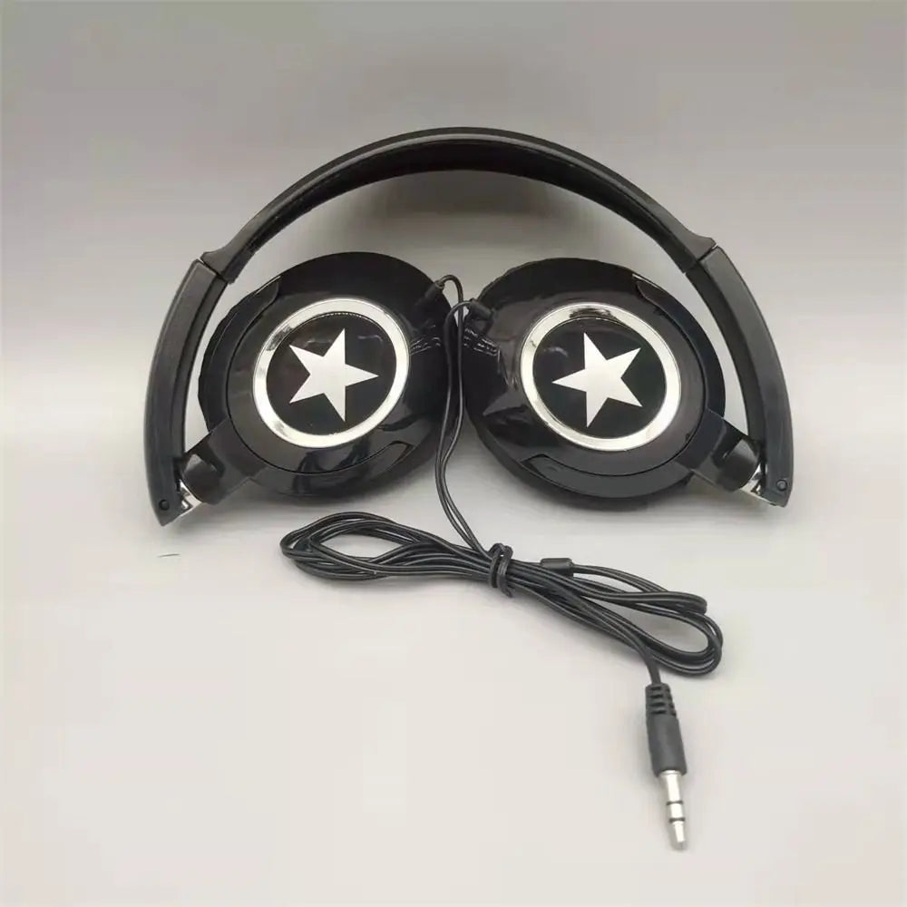 Black over-ear headphones with glossy finish and white star logos connected by coiled cable flexible adjustable headset