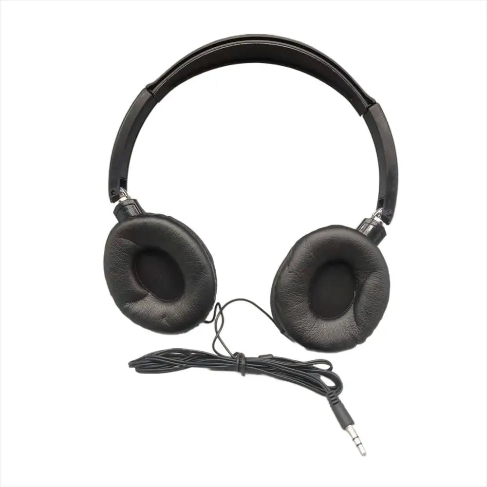 Black over-ear ear headset bass headphones with padded earcups and coiled cable for music stereo earphones use