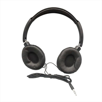 Black over-ear ear headset bass headphones with padded earcups and coiled cable for music stereo earphones use