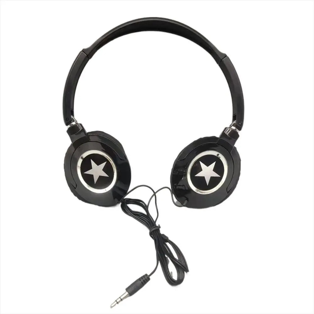 Black over ear headset bass headphones with silver star emblem and coiled cable for music stereo earphones use