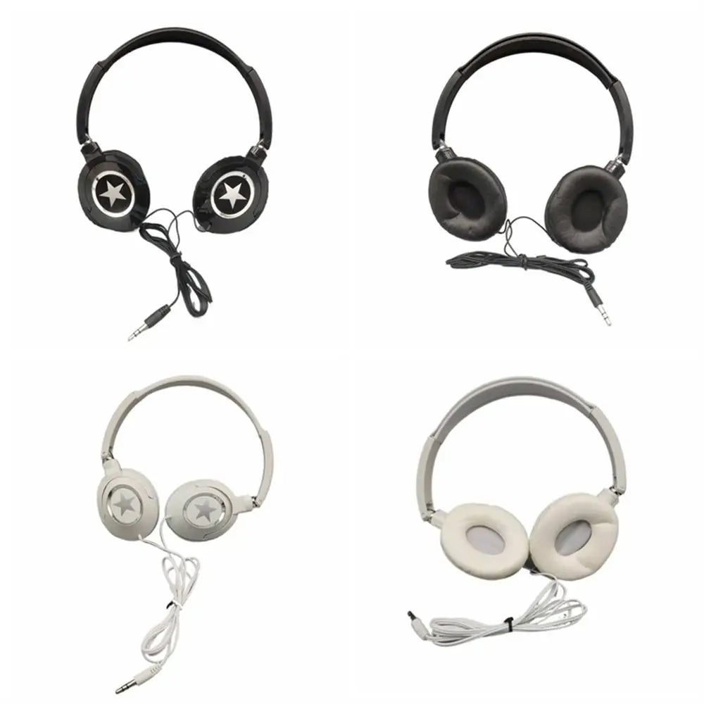 Black and white over-ear headphones with star decals featuring flexible adjustable headset design for ear headset bass and music stereo earphones