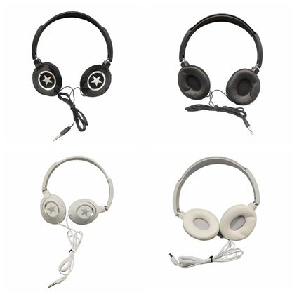 Black and white over-ear headphones with star decals featuring flexible adjustable headset design for ear headset bass and music stereo earphones