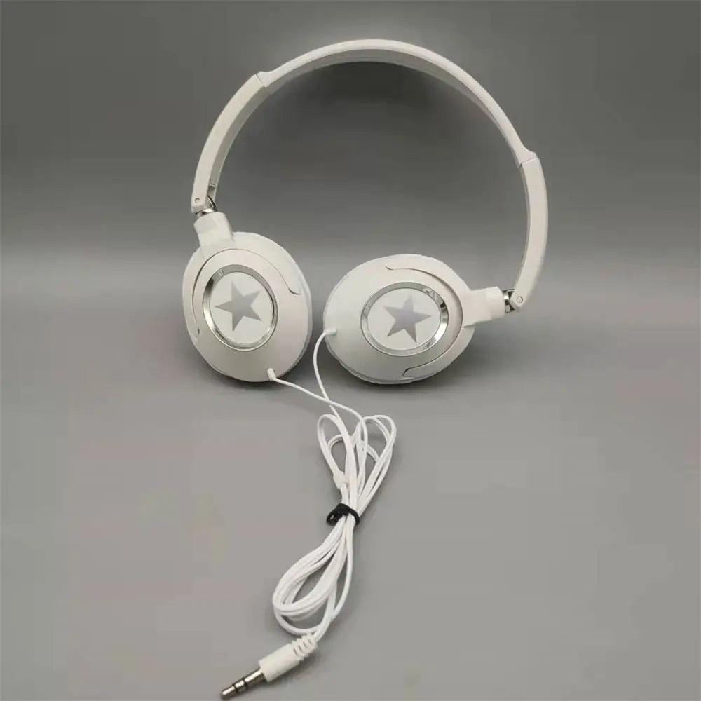 White over-ear ear headset bass headphones with silver star decals and flexible adjustable music stereo earphones cable