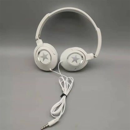 White over-ear ear headset bass headphones with silver star decals and flexible adjustable music stereo earphones cable
