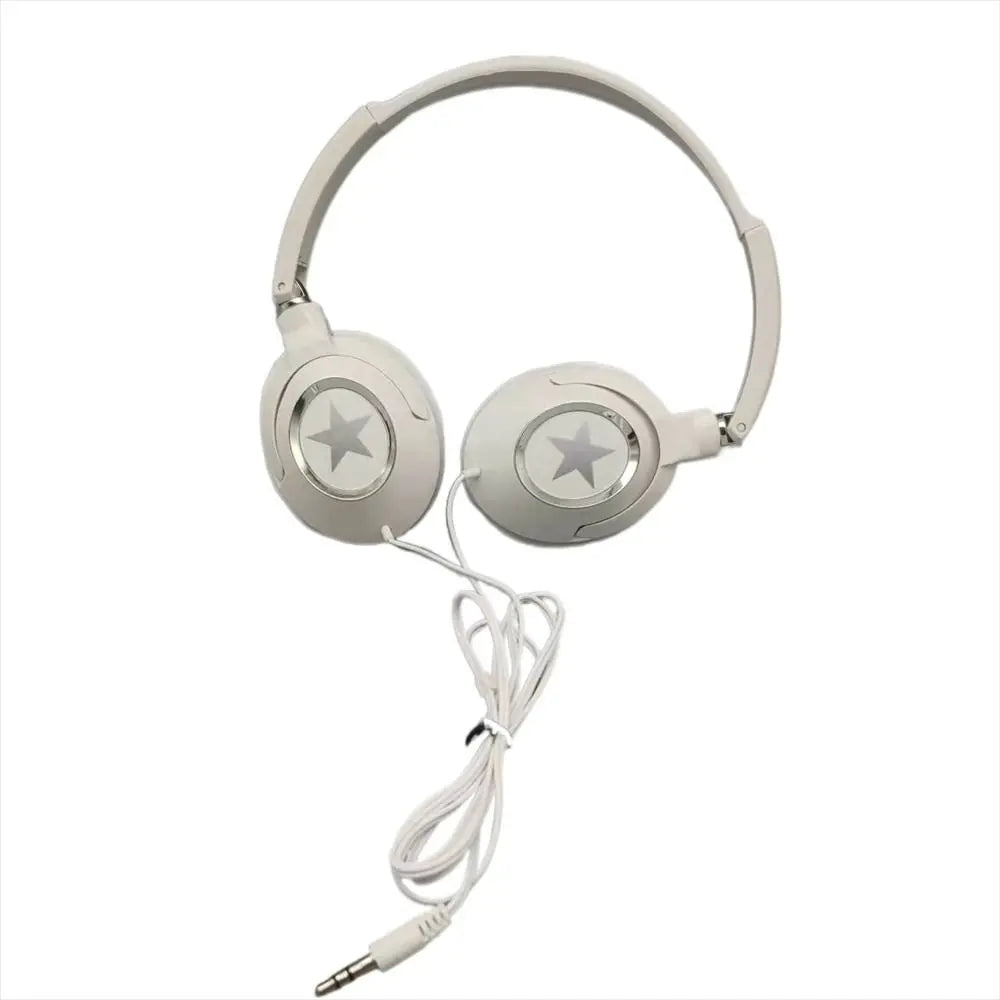 White over ear headset bass headphones with star emblem flexible adjustable music stereo earphones for pc mobile
