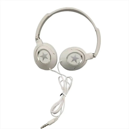 White over ear headset bass headphones with star emblem flexible adjustable music stereo earphones for pc mobile