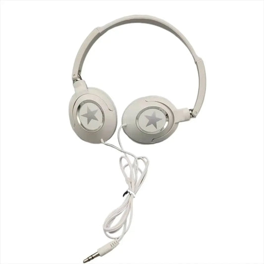 White over ear headset bass headphones with star emblem flexible adjustable music stereo earphones for pc mobile