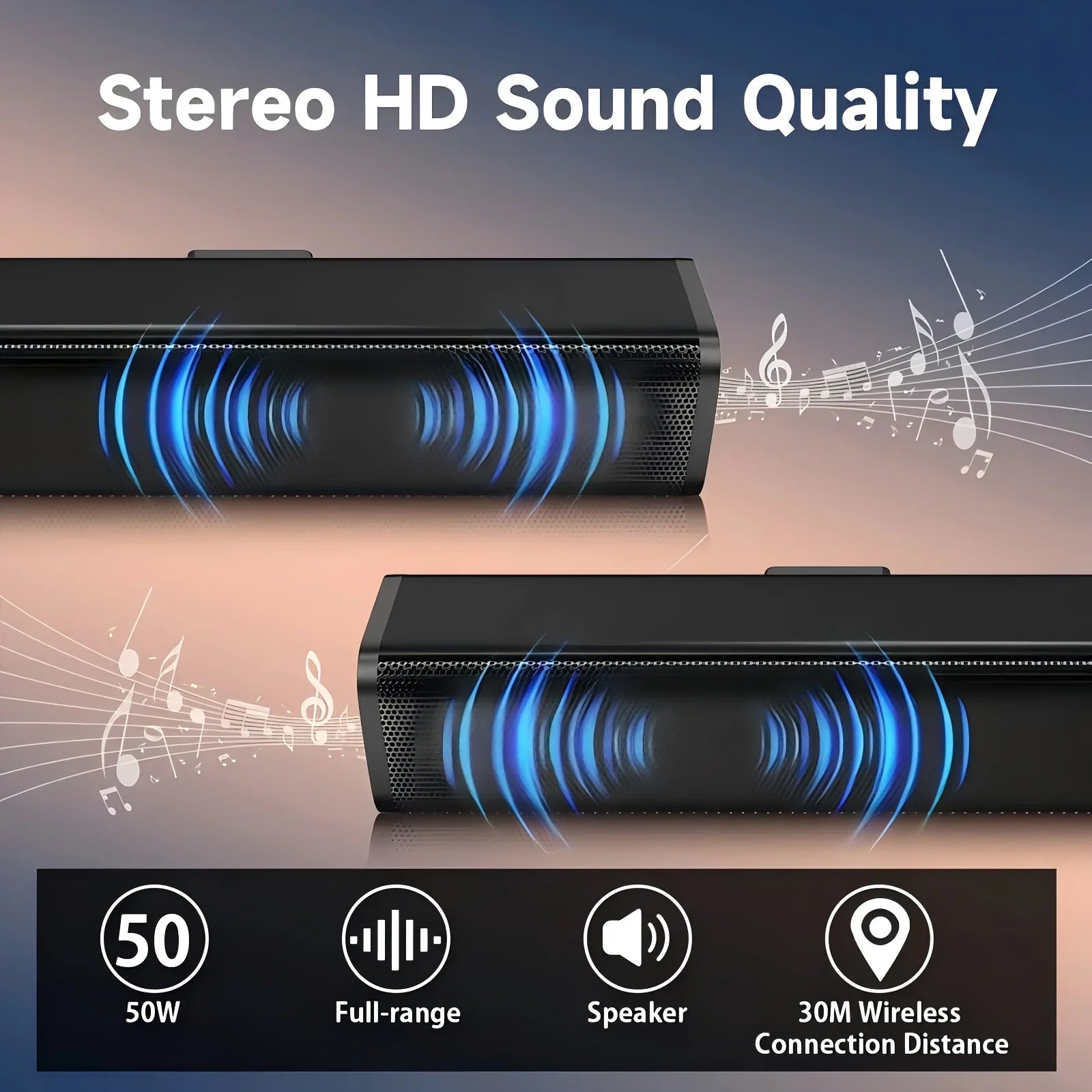 Black rectangular soundbar cinema soundbar with blue illuminated wave patterns and mesh grille for stereo surround sound