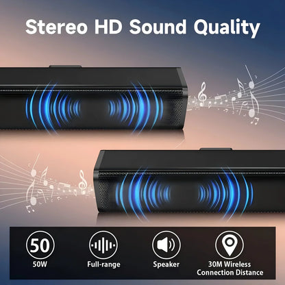 Black rectangular soundbar cinema soundbar with blue illuminated wave patterns and mesh grille for stereo surround sound