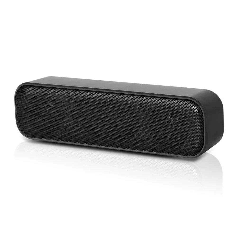 Black rectangular soundbar speaker portable with matte finish and perforated grille for laptop desktop subwoofer use