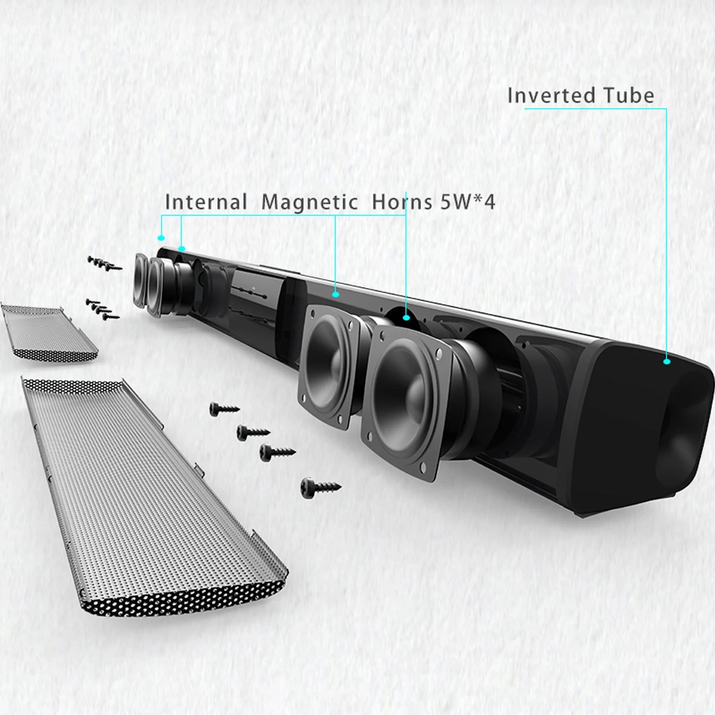 Black stereo soundbar with four 5w magnetic horns and perforated metal grilles supports rca aux and remote control