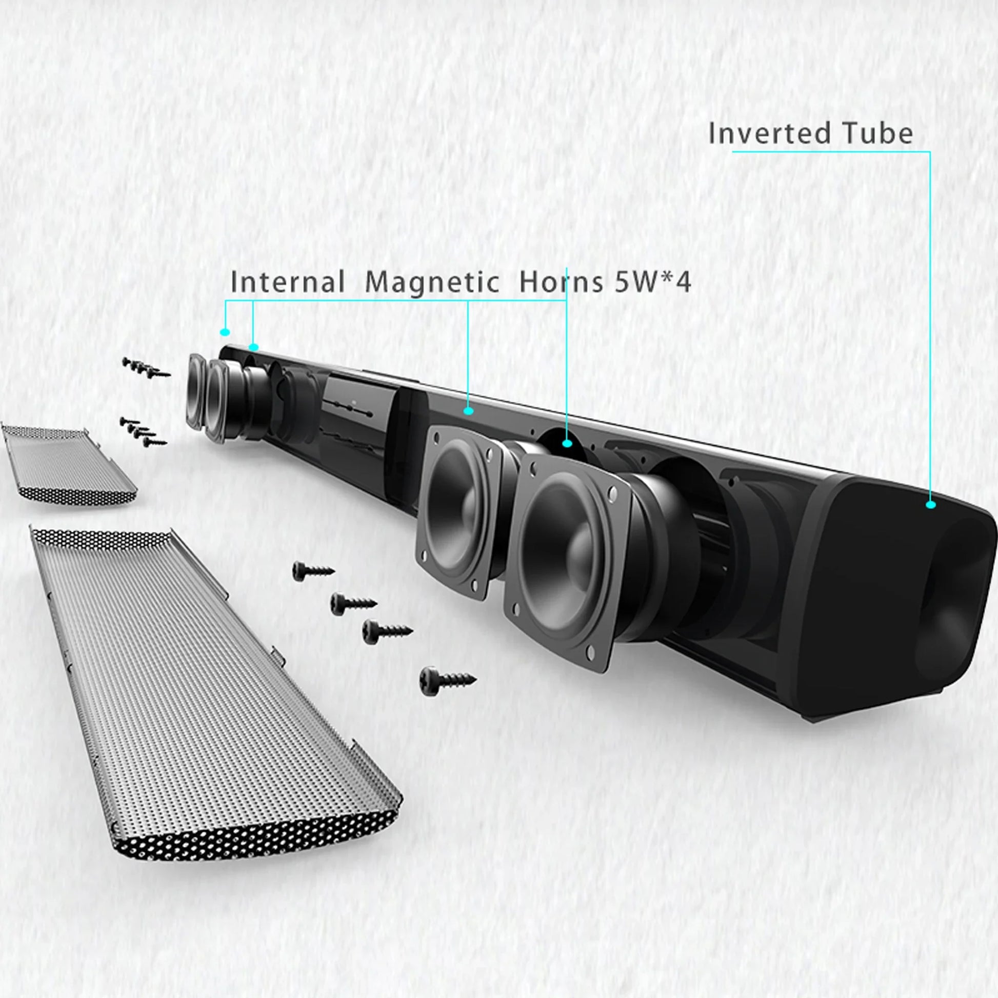 Black stereo soundbar with four 5w magnetic horns and perforated metal grilles supports rca aux and remote control