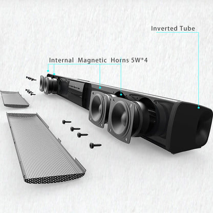 Black stereo soundbar with four 5w magnetic horns and perforated metal grilles supports rca aux and remote control